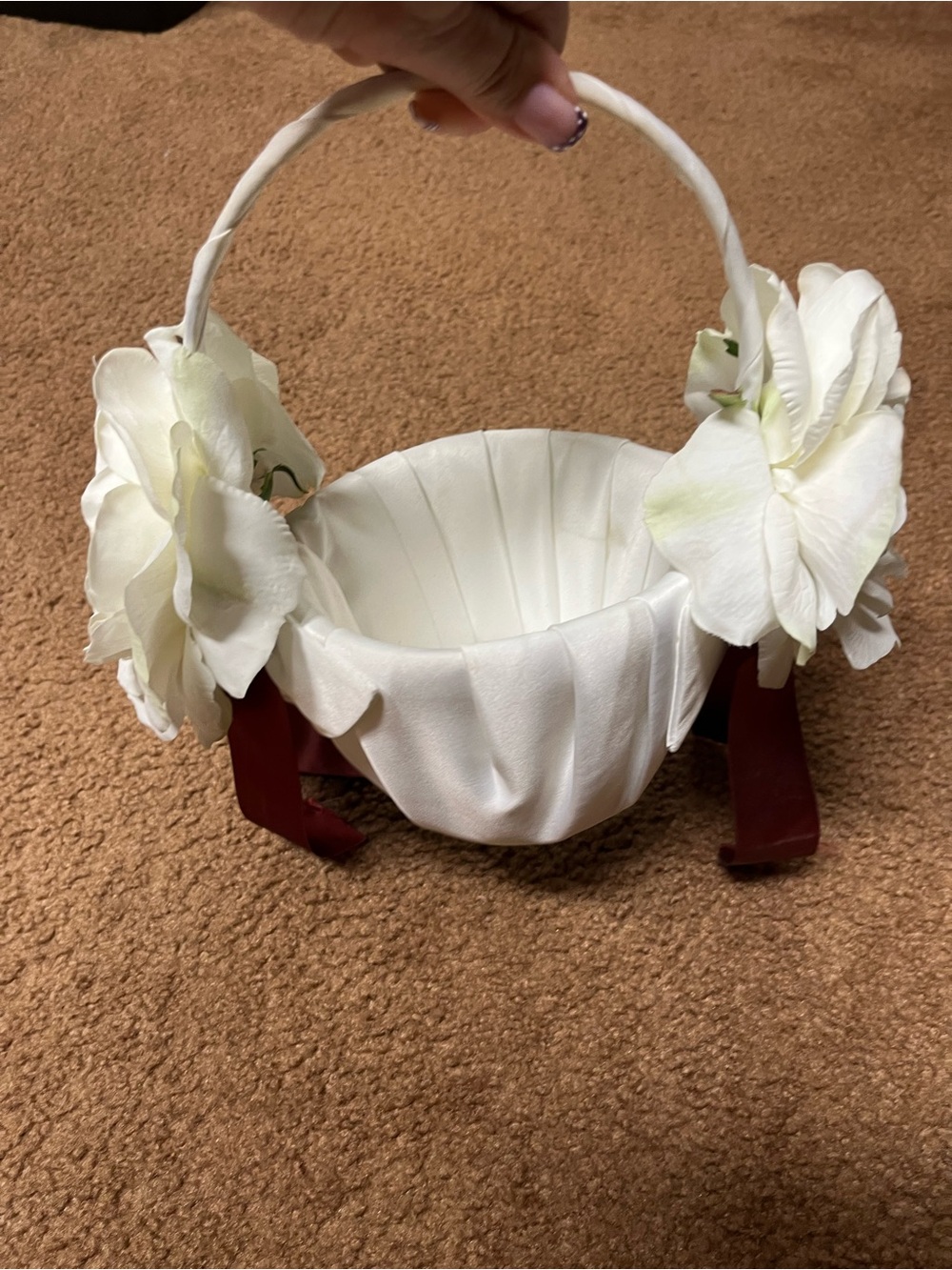 White Satin Flower Girl Basket with Handle